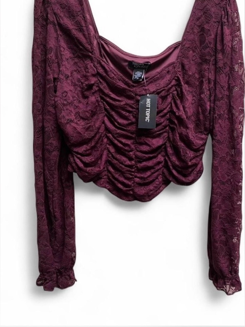 Hot Topic Women's Plum Lace Ruched Long-Sleeve Crop Top - Picture 2 of 7